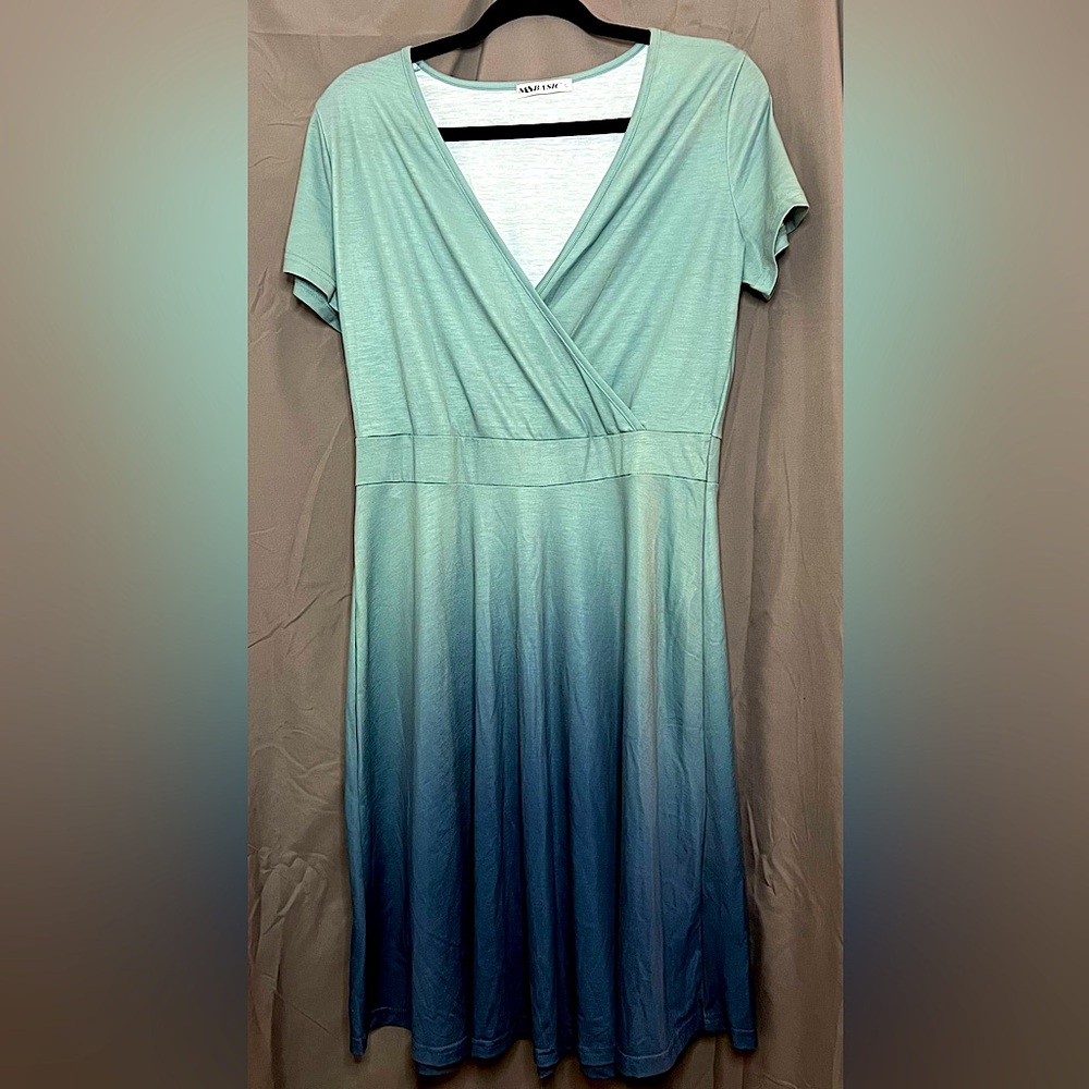 MS Basic Large v-neck faux wrap sundress in blue-green ombré